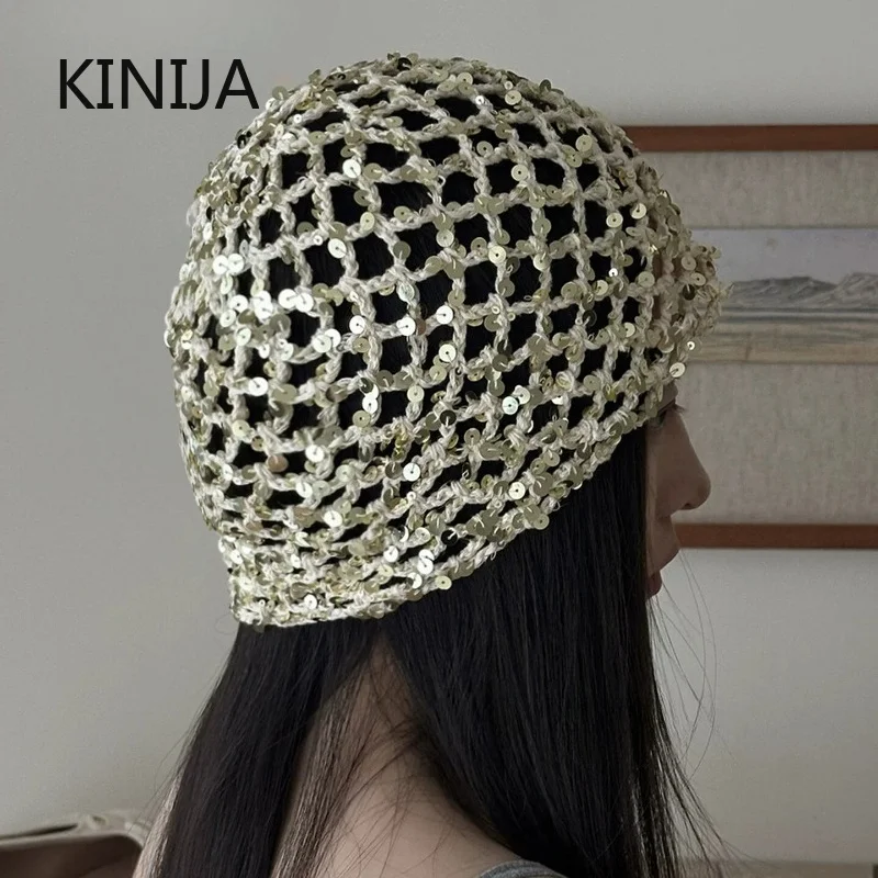 Fashion Vintage Sequined Hollow Pullover Hats Women Summer Travel Photo Atmosphere Versatile Casual Y2K Knit Beanie Hat Ins Tool