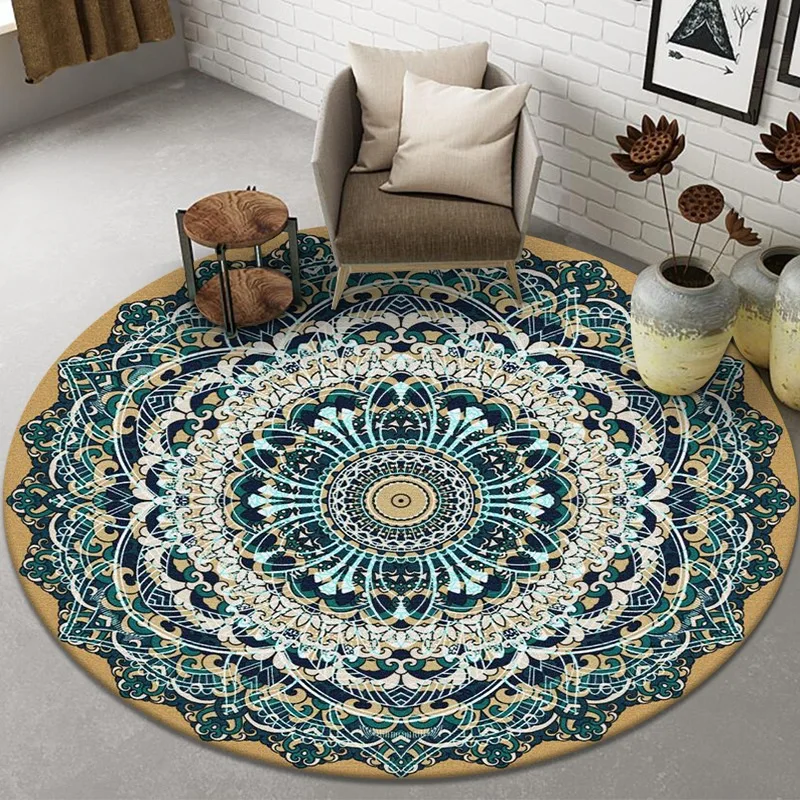 Round Living Room Carpet Retro Bohemian Floor Mat Bedroom Sofa Coffee Table Bedside Non-Slip Large Carpet