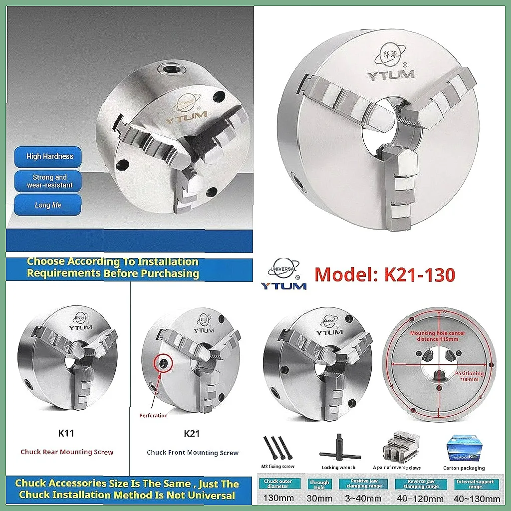 3 Jaw Self-Centering Lathe Chuck, 130mm K21-130 with Flange Back Plate Adapter, High Precision Spindle Thread Chuck