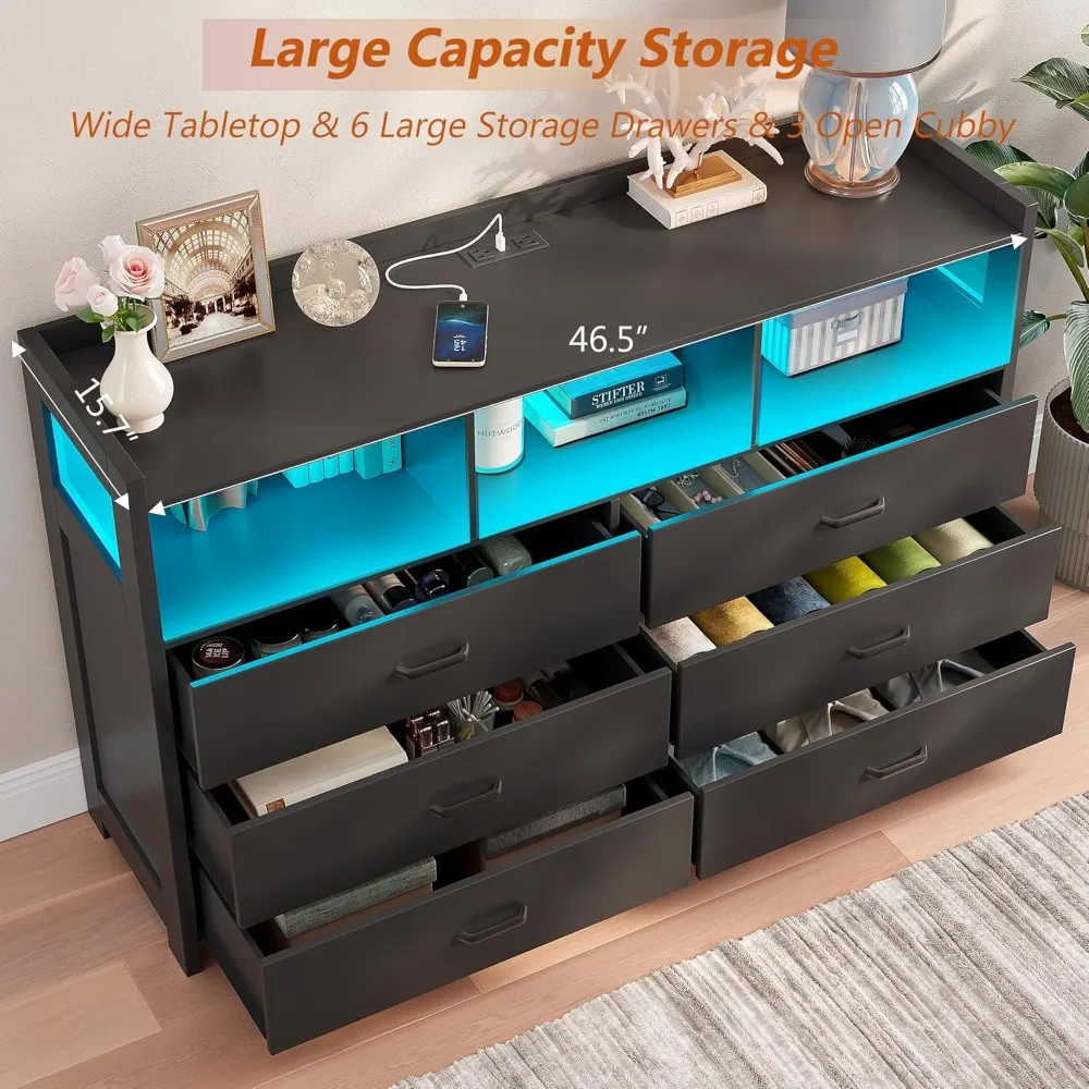 خزائن سوداء لغرفة النوم، خزائن ذات 6 أدراج مع أضواء، خزانة خشبية مع شريط طاقة للبالغين، غرفة النوم، المعيشة #5