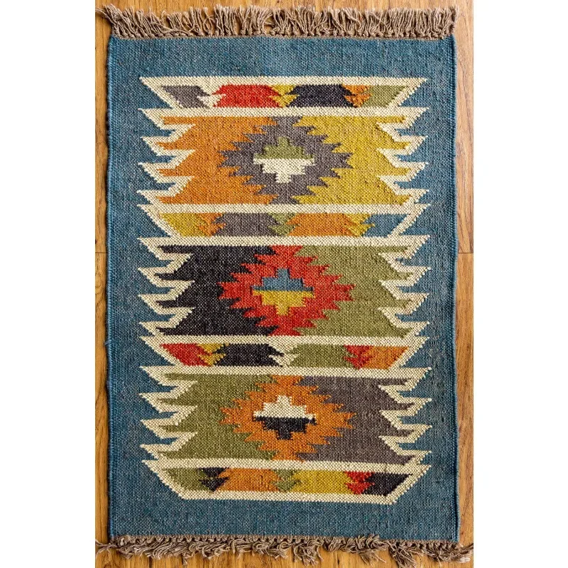 

Runner Rug Jute Wool Accent Rug Vintage Kilim Geometric Handwoven Area Rug