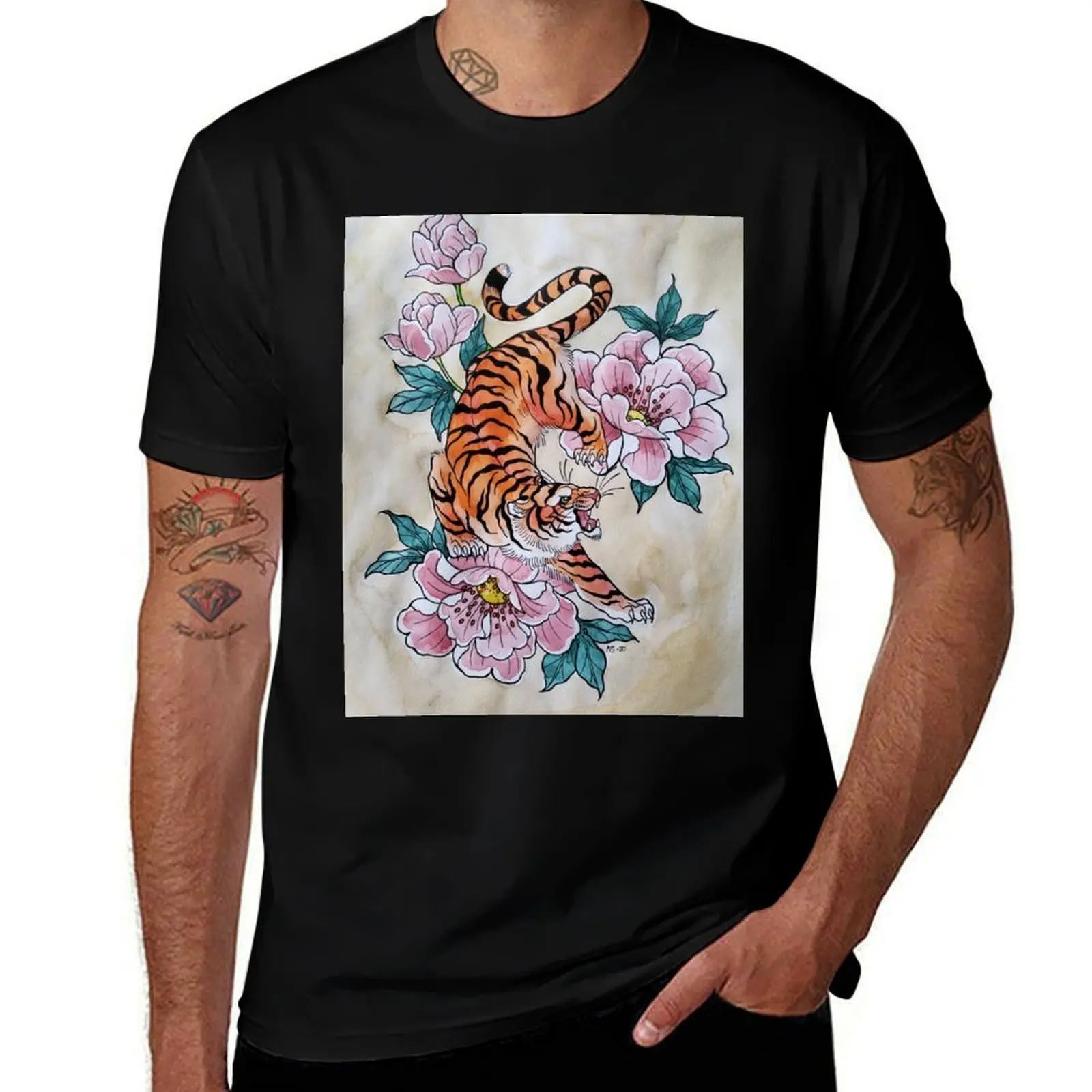 Tiger and Peonies T-Shirt Essential Solid Color T-Shirt