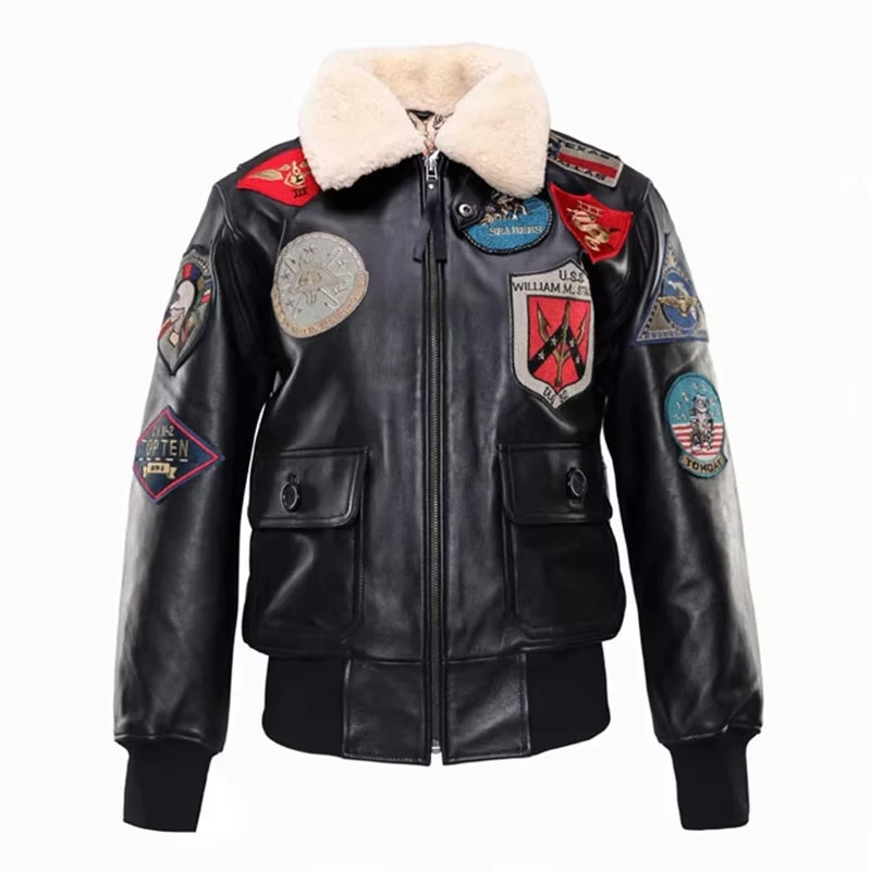 Black Autumn Pilot Leather Jacket Women Military Style Plus Size 3XL Wool Collar Genuine Natural Sheepskin Flight Leather Coat