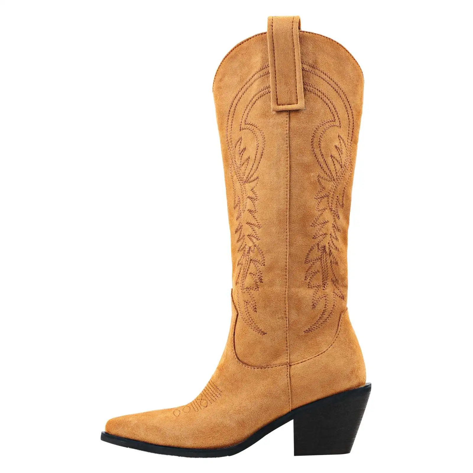 

Pointed-Toe Chunky Low-Heel Suede Embroidered Calf Boots Plus Size Western Boots Knight Botines Women Slip On Boats Zapato
