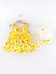 Baby girl summer new sweet breathable travel holiday wind sleeveless dress + hat yellow small floral print casual cute suit