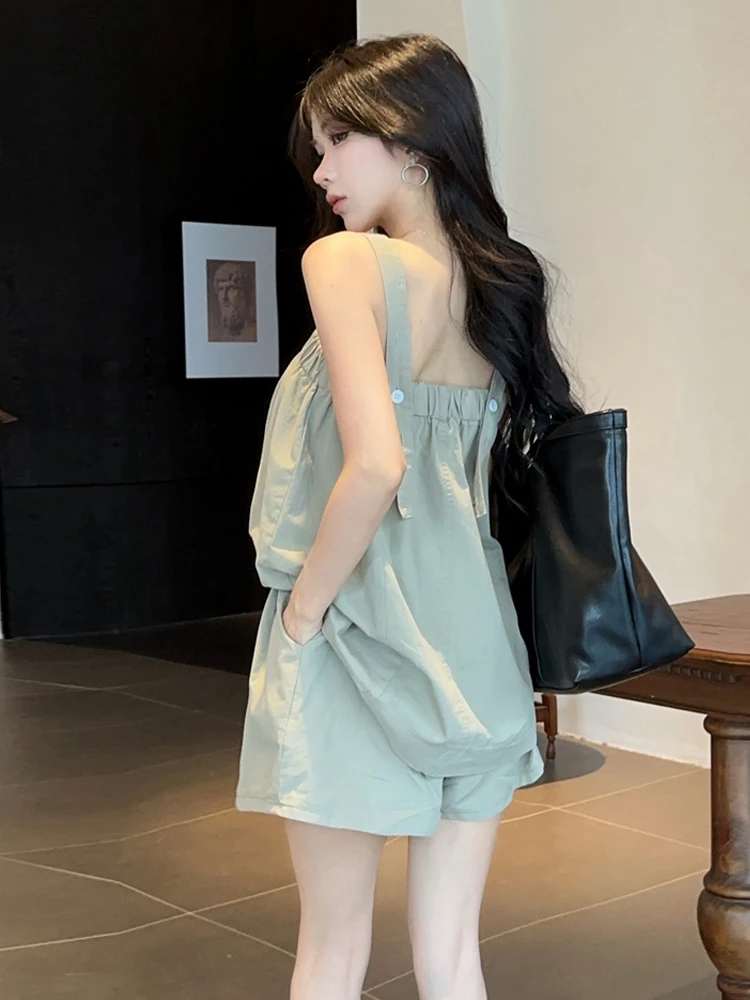 Sexy Elegant Loose Korean Style Strap Vest High Waist Slimming Wide Leg Casual Shorts Two Piece Set for Young Women Summer Fa...