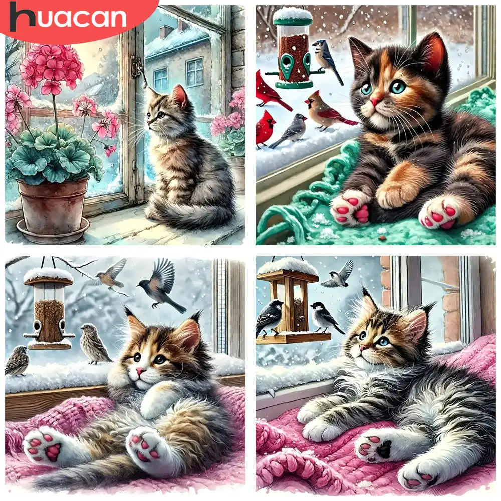 HUACAN 1 Stück Diamant-Gemälde für Winter, Katze, Fenster, Szene, Strass-Kunst, Diamant-Malerei, Kits, Tier, Heimdekoration, Handwerk