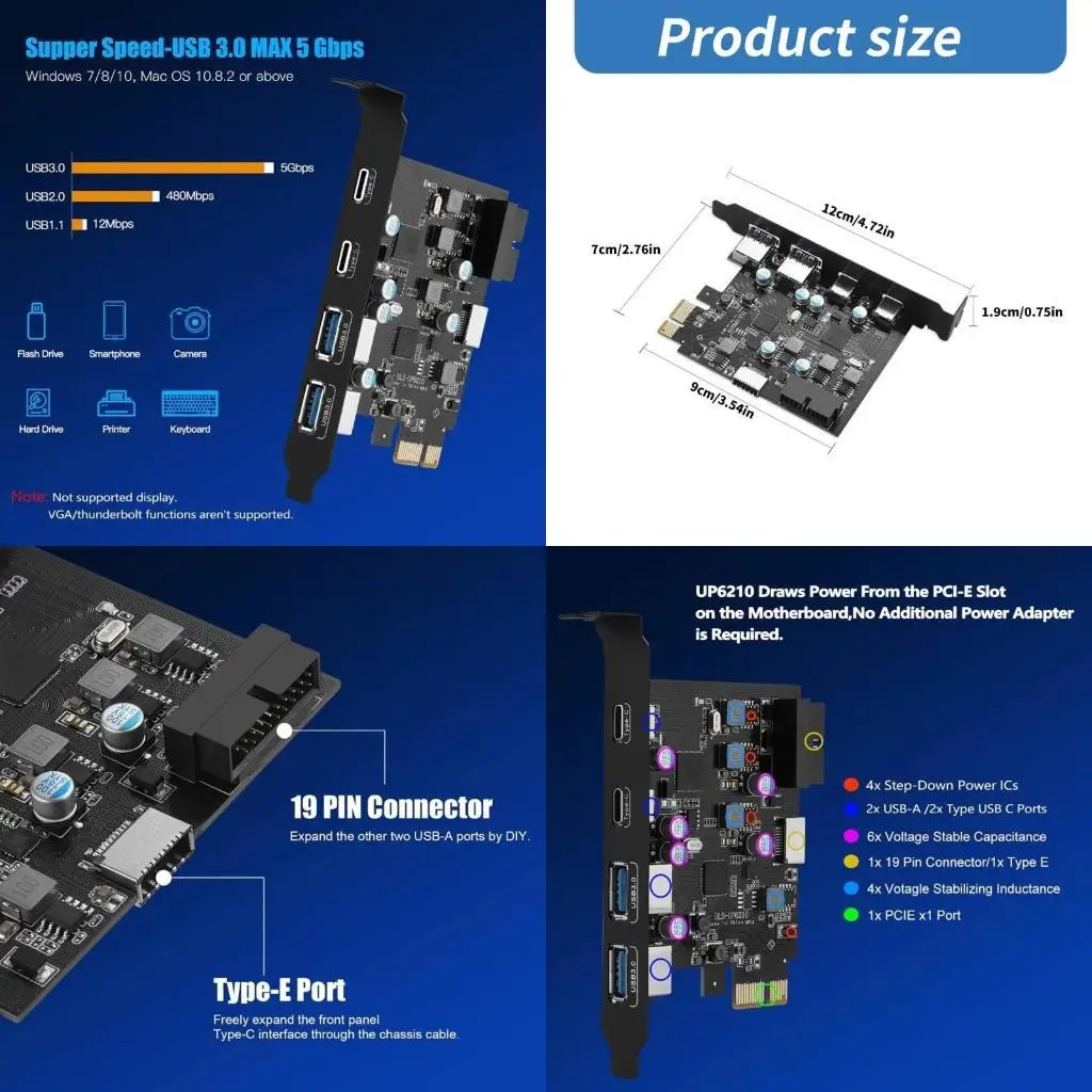 652F 6 Port USB PCIE Card Adapter 2x USB C 2x USB A USB PCIE Card Front Panel Mount Adapter for Desktop Host Card