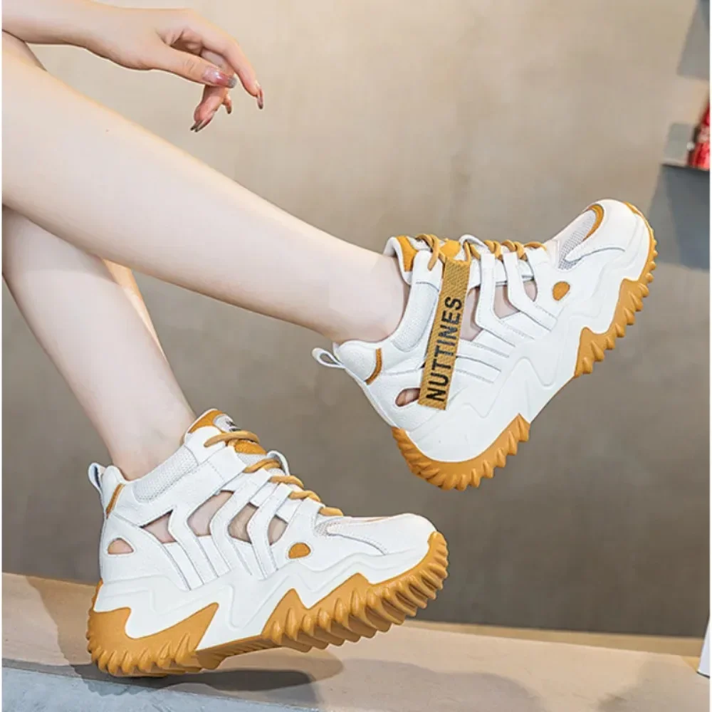 Summer Breathable Little White Shoes Female 2024 New Casual Inner Heightening Dad's Shoes Versatile Hollow Out Sneakers Womens