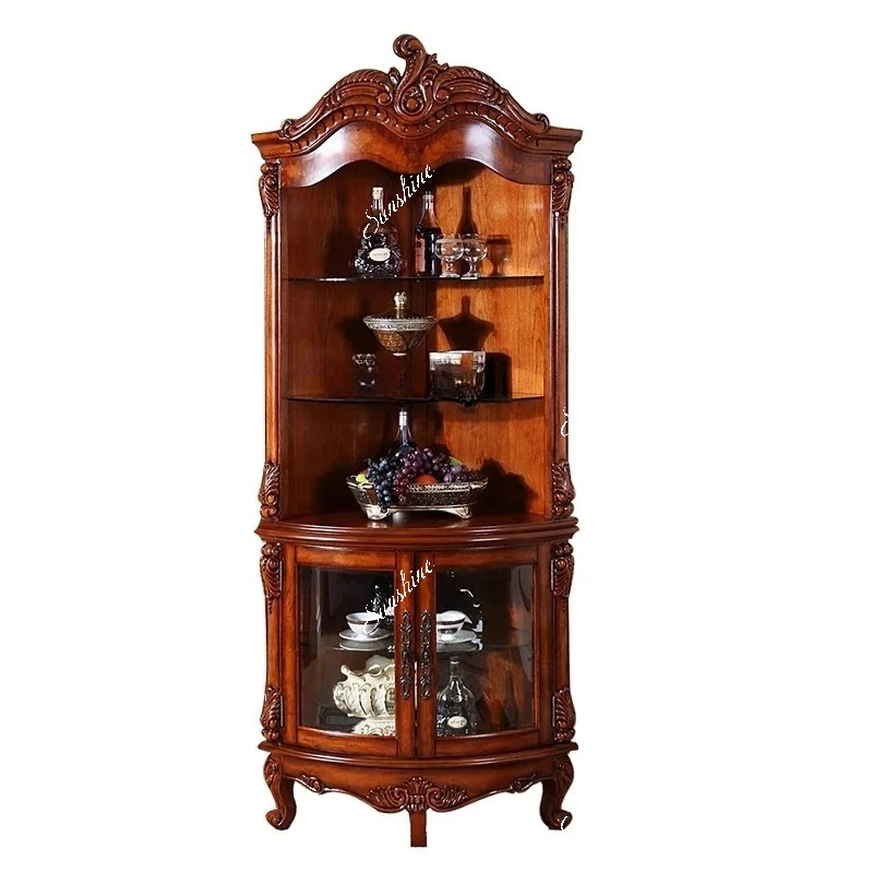 

American Solid Wood Corner Cabinet Triangle Living Room Glass Wine Cabinet Retro European Corner Cabinet
