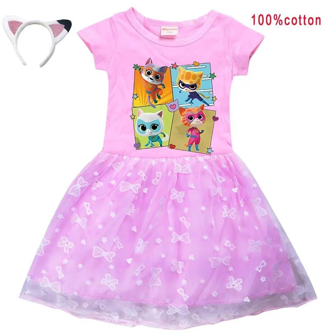 Super kitties Kostüm Baby Mädchen Super Kitties Kleider mit Stirnband Kinder Freizeit röcke Kleinkind Mädchen Kurzarm A-Linie Kleid