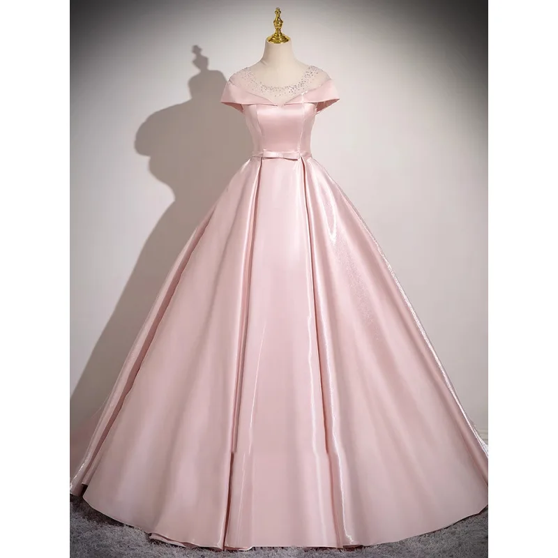 Pink Off Shoulder Satin Ball Gown with Beaded Neckline for Quinceanera Prom Evening Party Wedding Guest Formal Occasion view 4