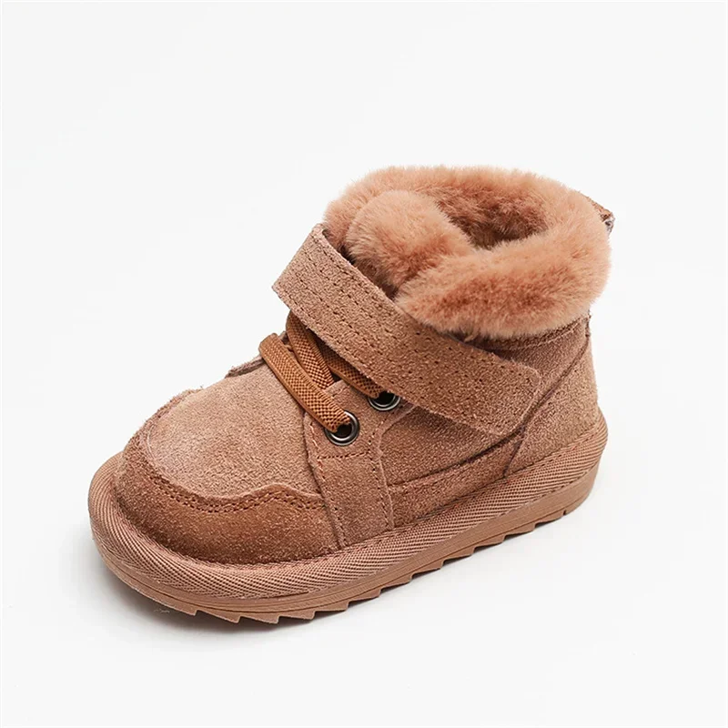 Children Boots Girls Geniune Leather Warm Plush Snow Boots Baby Boys Soft Sole Wearable Infant Cotton Shoes Size 15-25