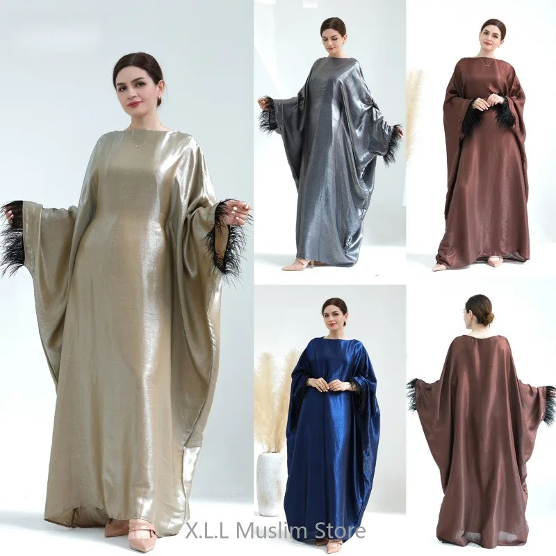 

Solid Muslim Fashion Modest Shiny Dress Dubai 2024 Luxury Full Length Feather Batwing Abaya Kaftan Kebaya Robe Femme Musulane