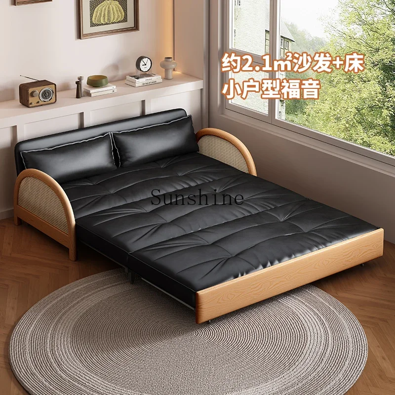 Leather folding sofa bed living room multi-functional storage solid wood sofa