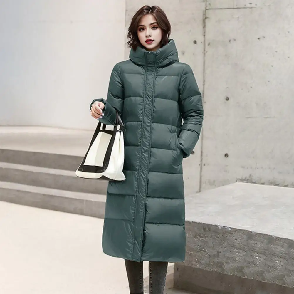 Winter Women Down Coat Solid Color Neck Zipper Closure Hooded Parkas Mid length Cold Weather Pockets Cotton Jacket