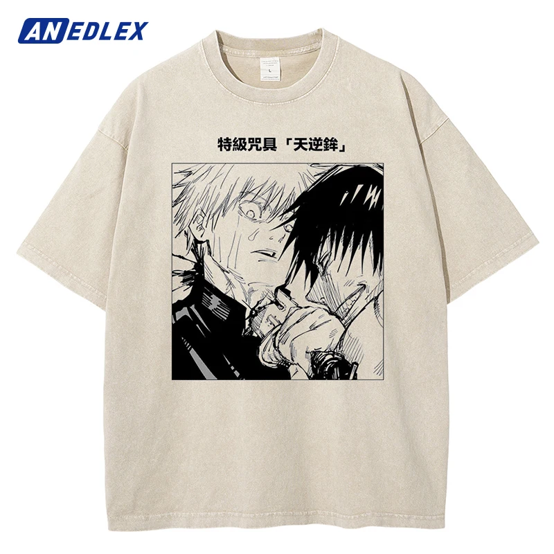 Hip Hop Streetwear Washed Apricot Oversize Tshirt Jujutsu Kaisen Anime Print T Shirt Men Harajuku Loose Short Sleeve T-Shirt