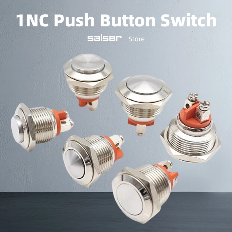 

Metal Push Button Switch 16/19/22mm Silver Contact 1NC Momentary Reset IP65 Waterproof High/Flat/Dome Head Screw Mounting
