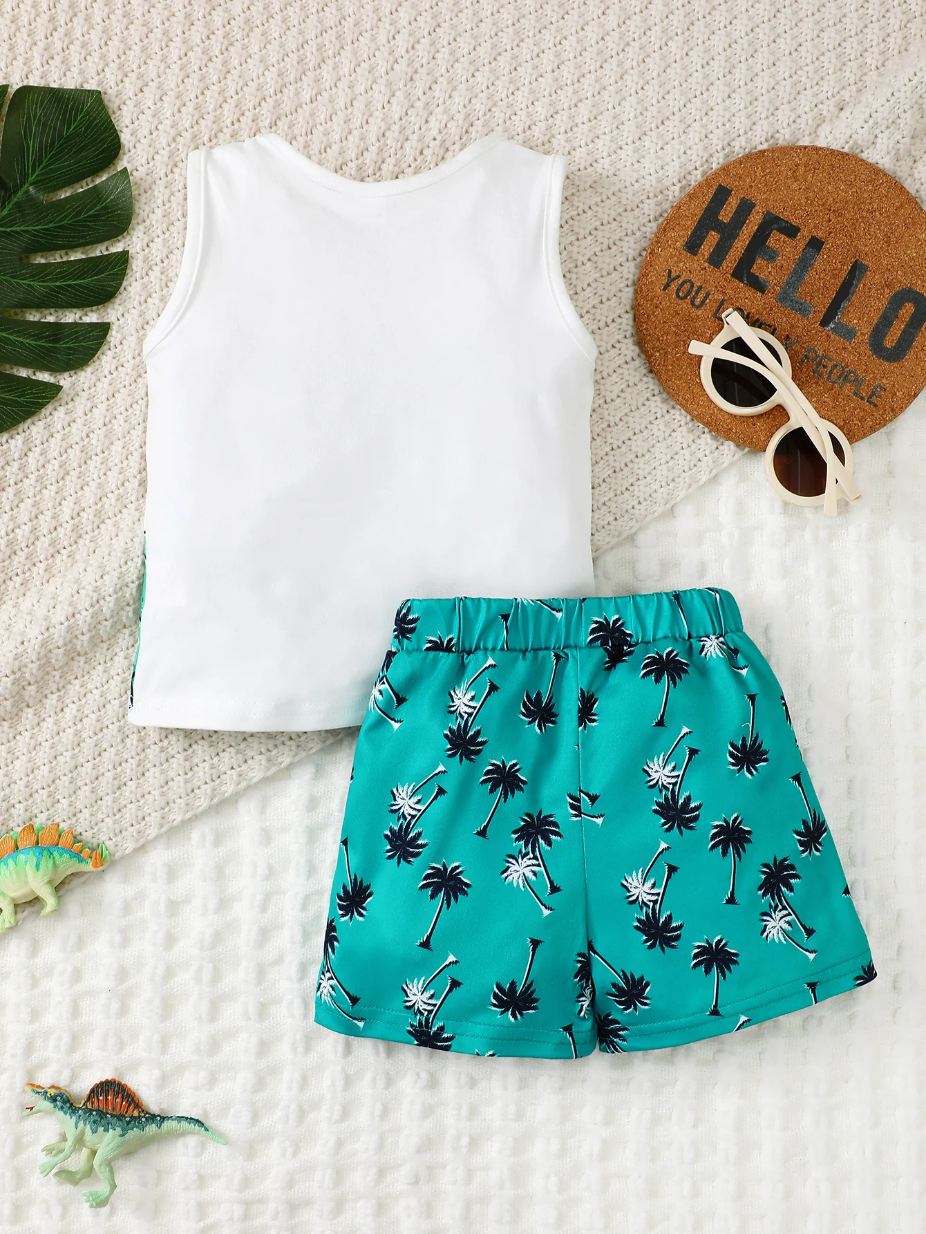 6m-3y Boys Summer Outfits Dinosaur Print Tank Tops Coconut Palm Full Print Shorts Set Infant Toddler Baby 2Pcs Casual Clothing