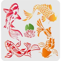 Koi Lotus DIY Stencils Wall Painting Stencil 11.8x11.8inch Carp Fish Drawing Stencils Reusable Mylar DIY Art Craft Painting Temp