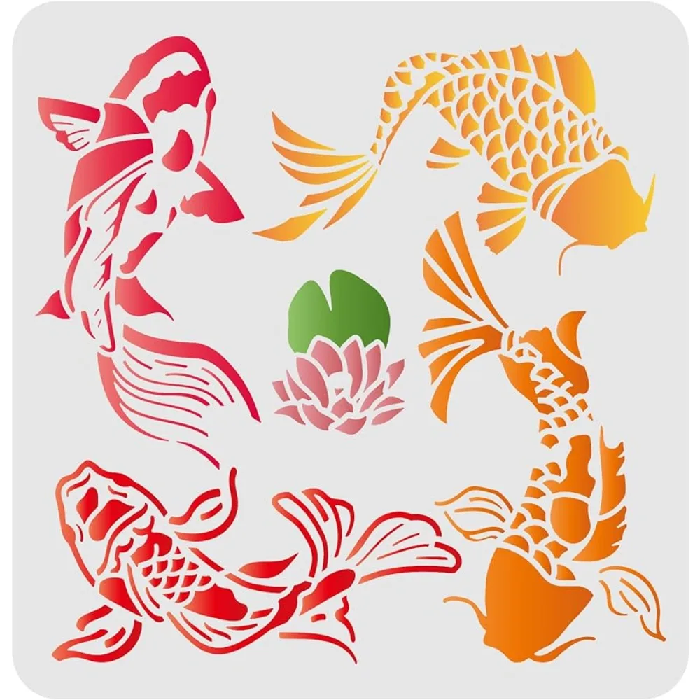 Koi Lotus DIY Stencils Wall Painting Stencil 11.8x11.8inch Carp Fish Drawing Stencils Reusable Mylar DIY Art Craft Painting Temp