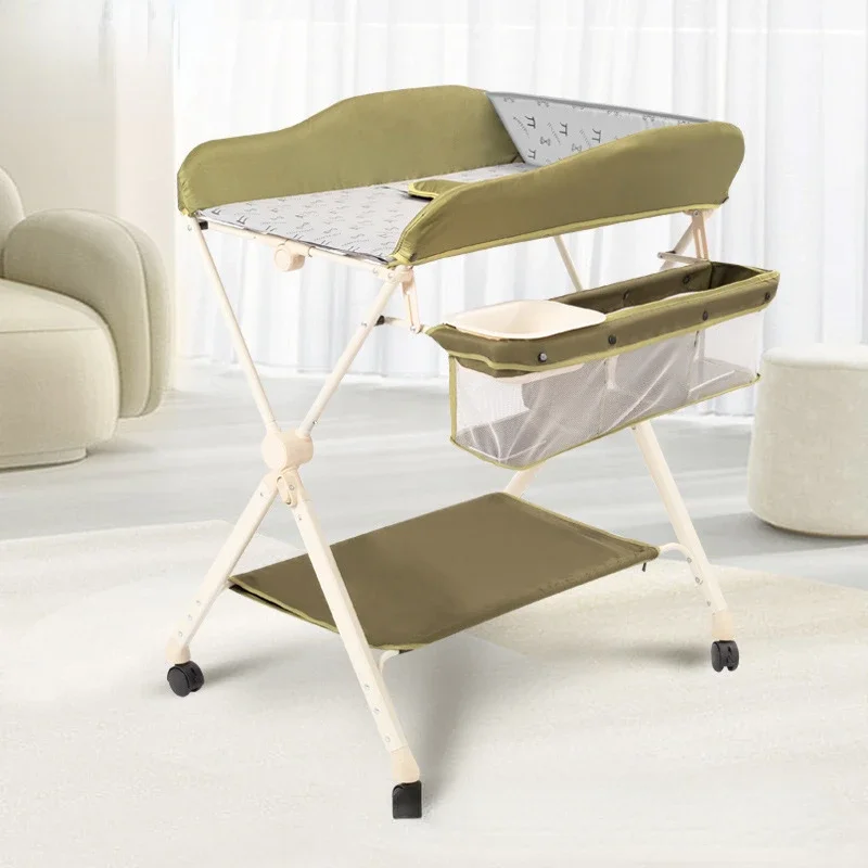 Portable Baby Changing Table for Nursery Height Adjustable Foldable Diaper Table with Swivel Wheels Drying Rack Large Storage