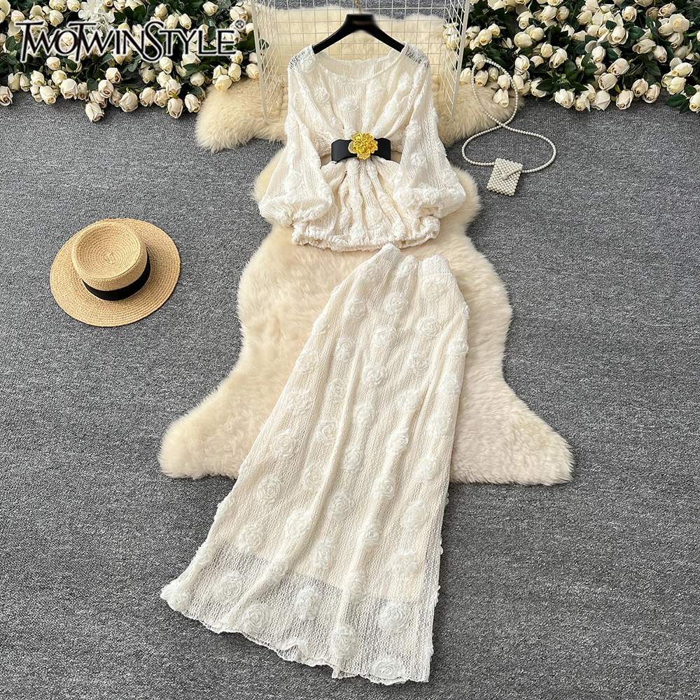 

TWOTWINSTYLE Elegant Slim Solid Two Piece Sets For Women Round Neck Long Sleeve Top High Waist Skirt Chic Set Female KSE540152
