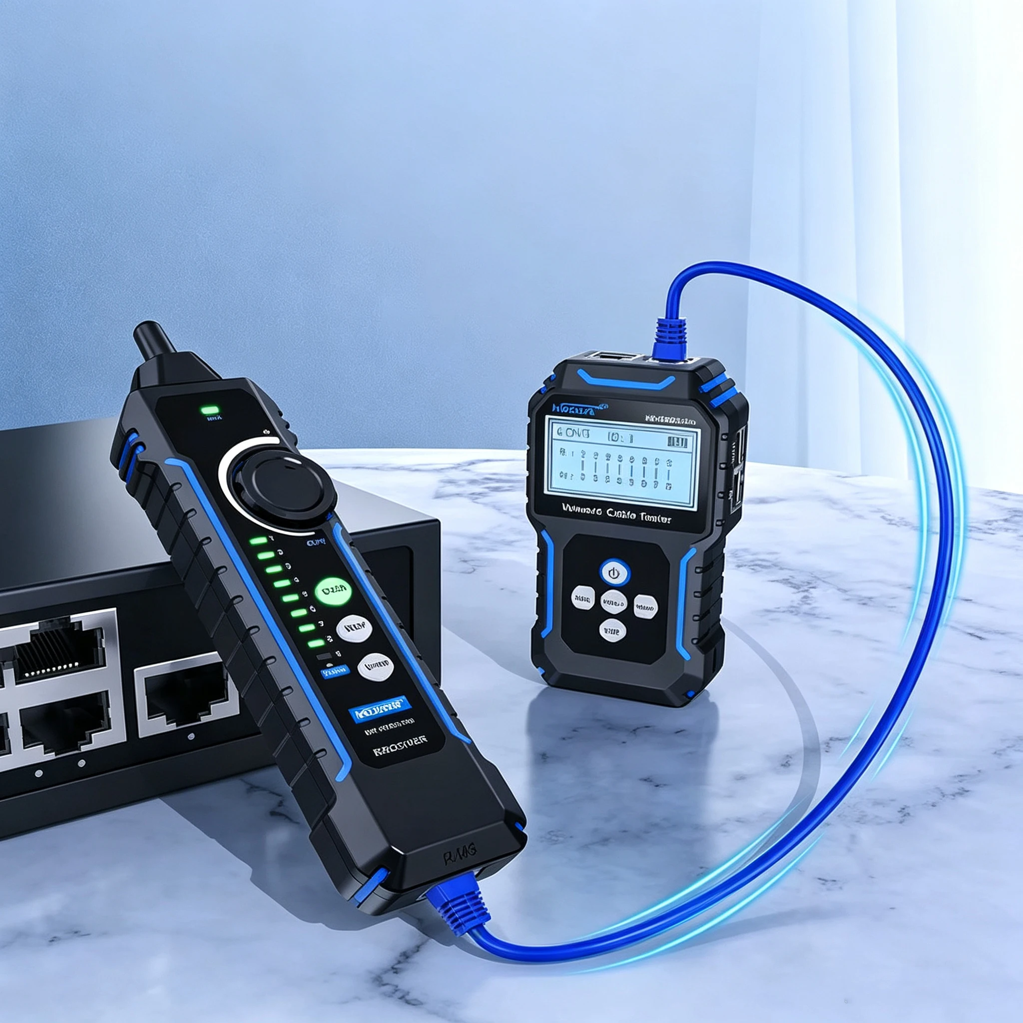 NOYAFA NF-8209Pro – tester kabli sieciowych, lokalizator kabli, tester PoE dla kabli Cat5 i Cat6, umożliwia sprawdzanie długości i ciągłości przewodów, wyposażony w lampę NCV. — zdjęcie produktu 6