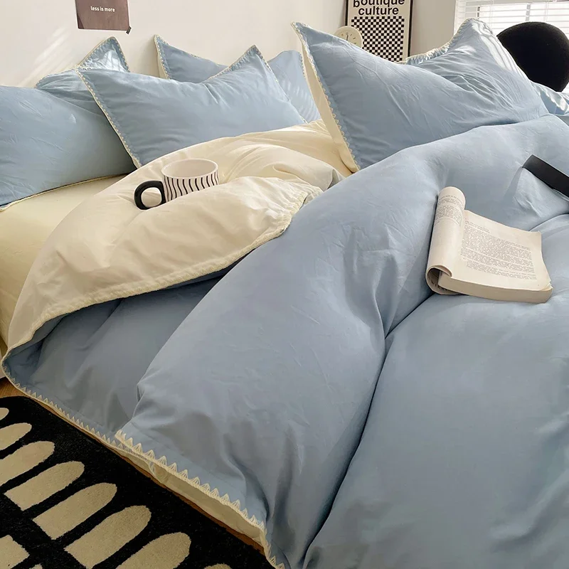 Simple Washed Cotton Bed Linen Bedding Set Four Piece Flat/Fitted Bed Sheet Set Comforter Set Full Double Couple Bed Quilt Cove