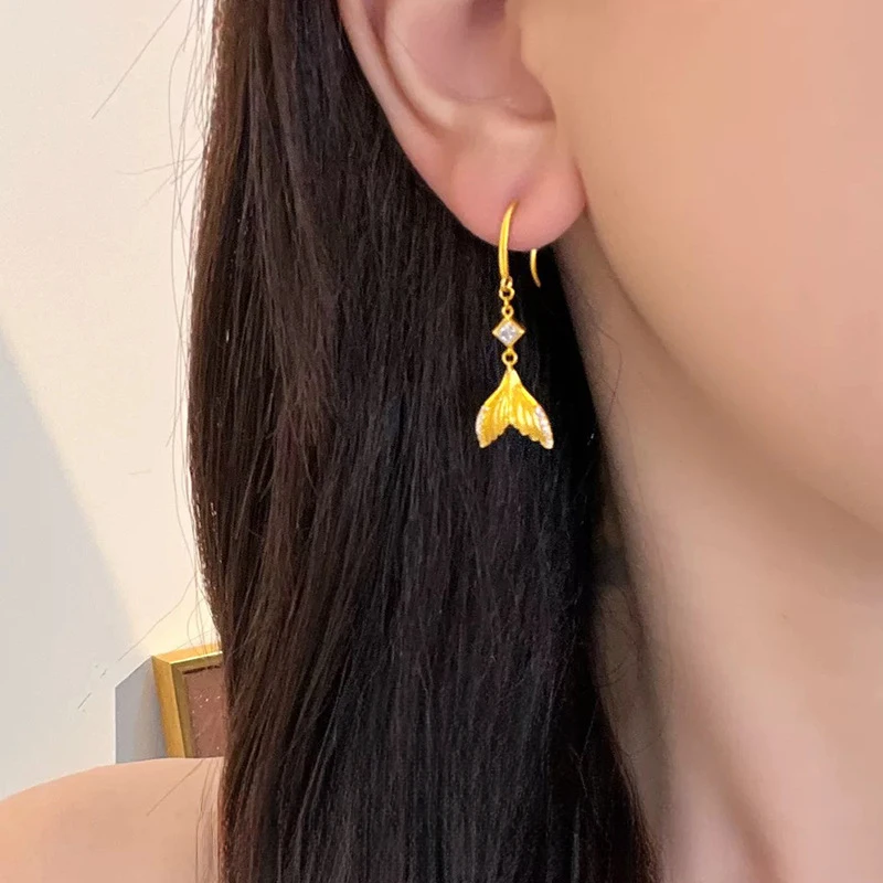 Luxury 100% Real 24K Gold Fish Tail Ancient Craft Diamond Dot Earrings, Moissanite 999 Gold Studs, Young & Exquisite
