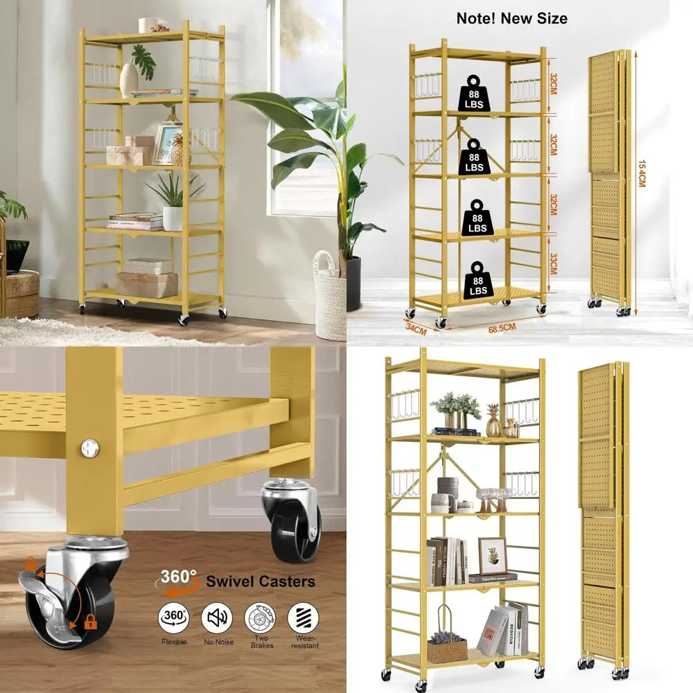 

5-уровневая регулируемая полка для хранения с 20 крючками, мобильный стеллаж для кухни, гаража, домашнего офиса и теплицы, золотистого цвета