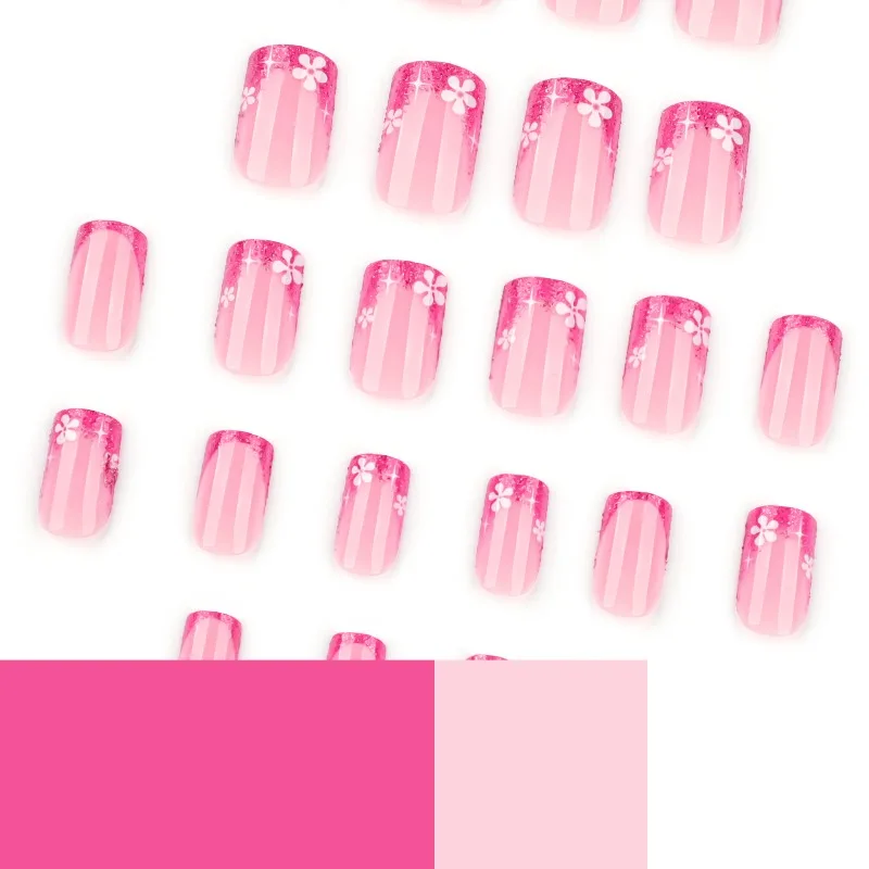 24 個フレンチスイートプレスオンネイルローズレッドグリッター安い付け爪ショートスクエア再利用可能な粘着付け爪卸売 2025