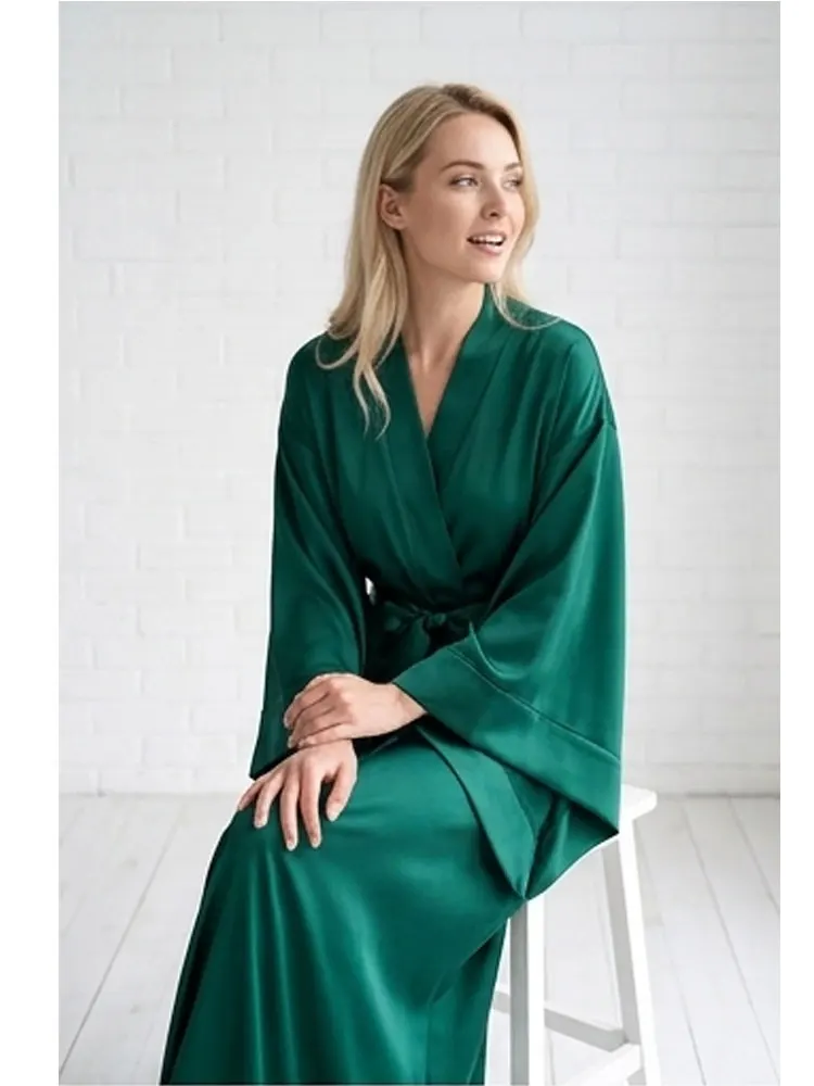 

Floor Length Bridal Kimono Robe Satin Wedding Dressing Gown Luxurious Bridesmaid Gift Long Lingerie Kimono Robes for Women Green