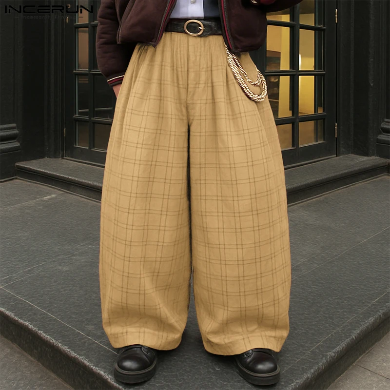 

INCERUN Men Plaid Pants Button Joggers Oversize Casual Wide Leg Trousers Men Streetwear 2025 Loose Fashion Male Long Pants S-5XL