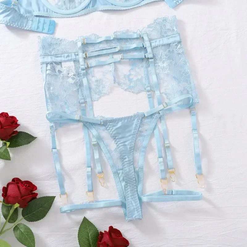 CHUANGERM Sexy Lace Lingerie Garters Cut Out Fancy Underwear Transparent Embroidery 4-Piece Sensual Intimate Underwear Set Kit