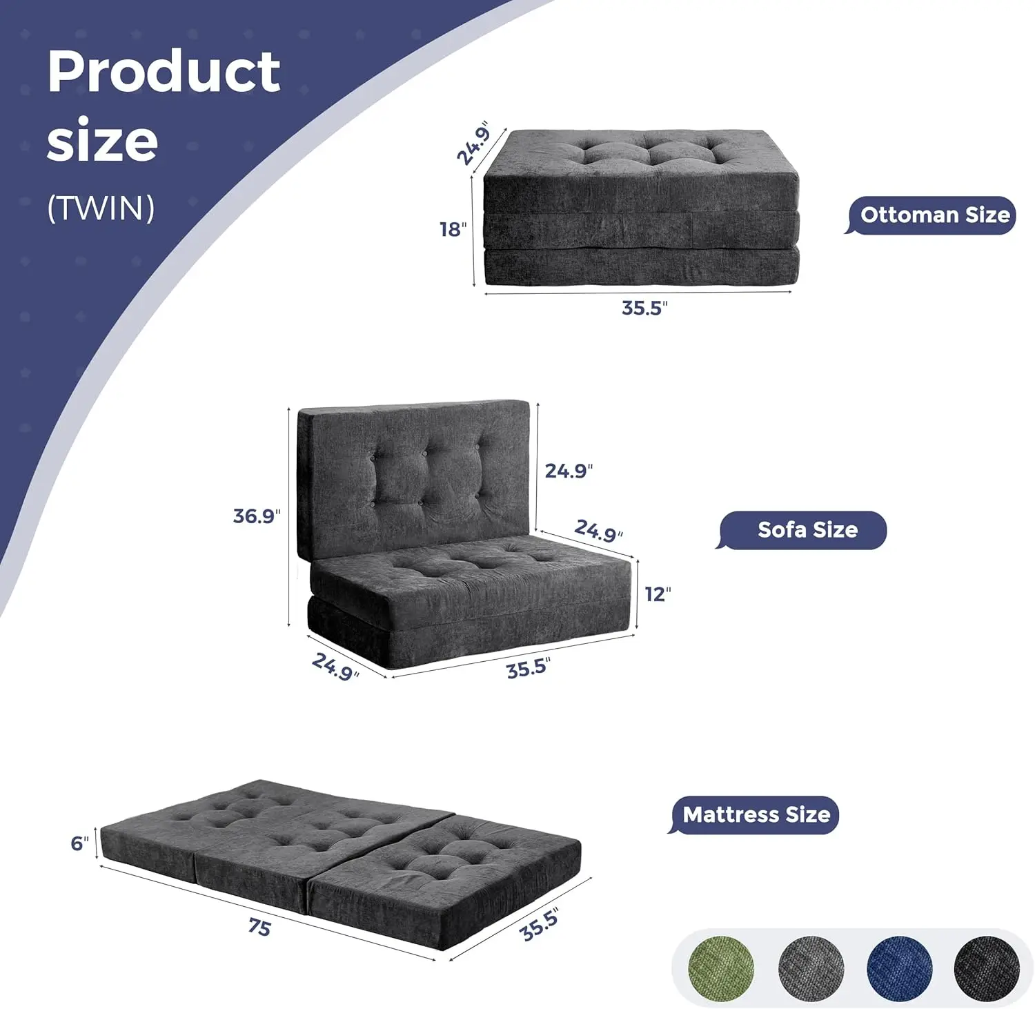6-Inch Tufted Folding Mattress with Chenille Fabric, Portable, Dark Grey, Ideal for Camping and Guest Use