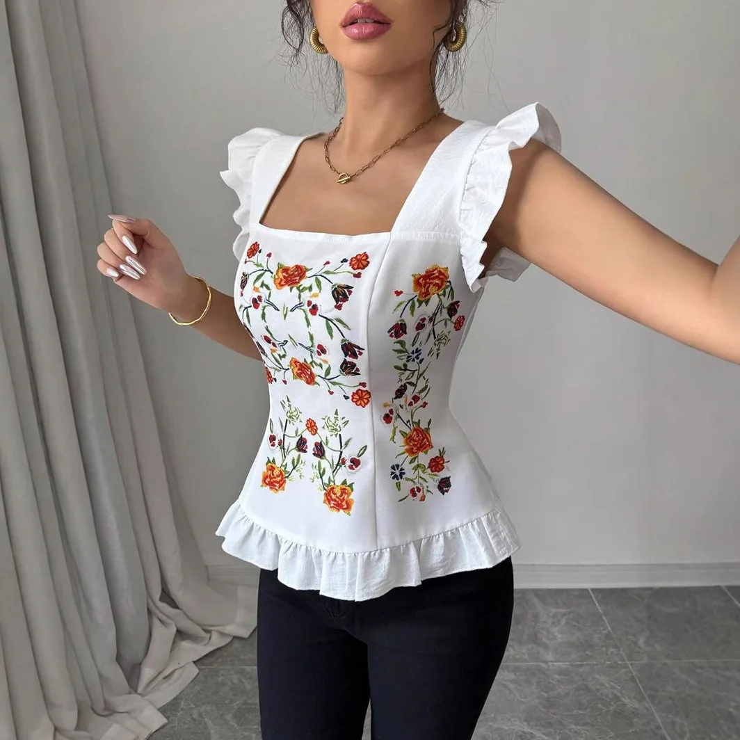 Ellenziaga Square Neckline, Hooded Cape, Floral Embroidery, Waistline, French Elegant Resort Style-feel Birthday Dress Prom Boho