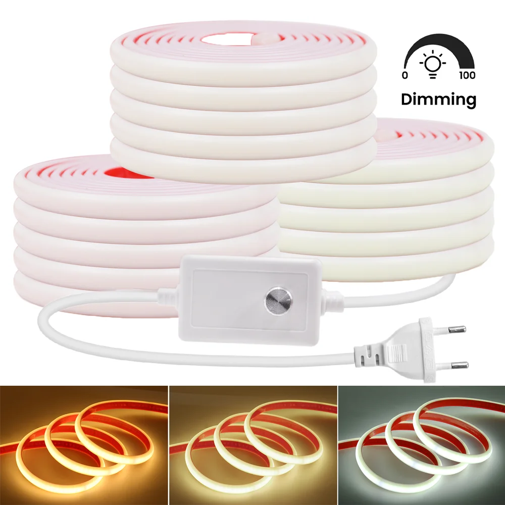 

220V 240V COB LED Strip Neon Light RA90 High Bright 288LEDs/m Flexible Waterproof LED Tape Dimmable For Bedroom Kitchen Lighting