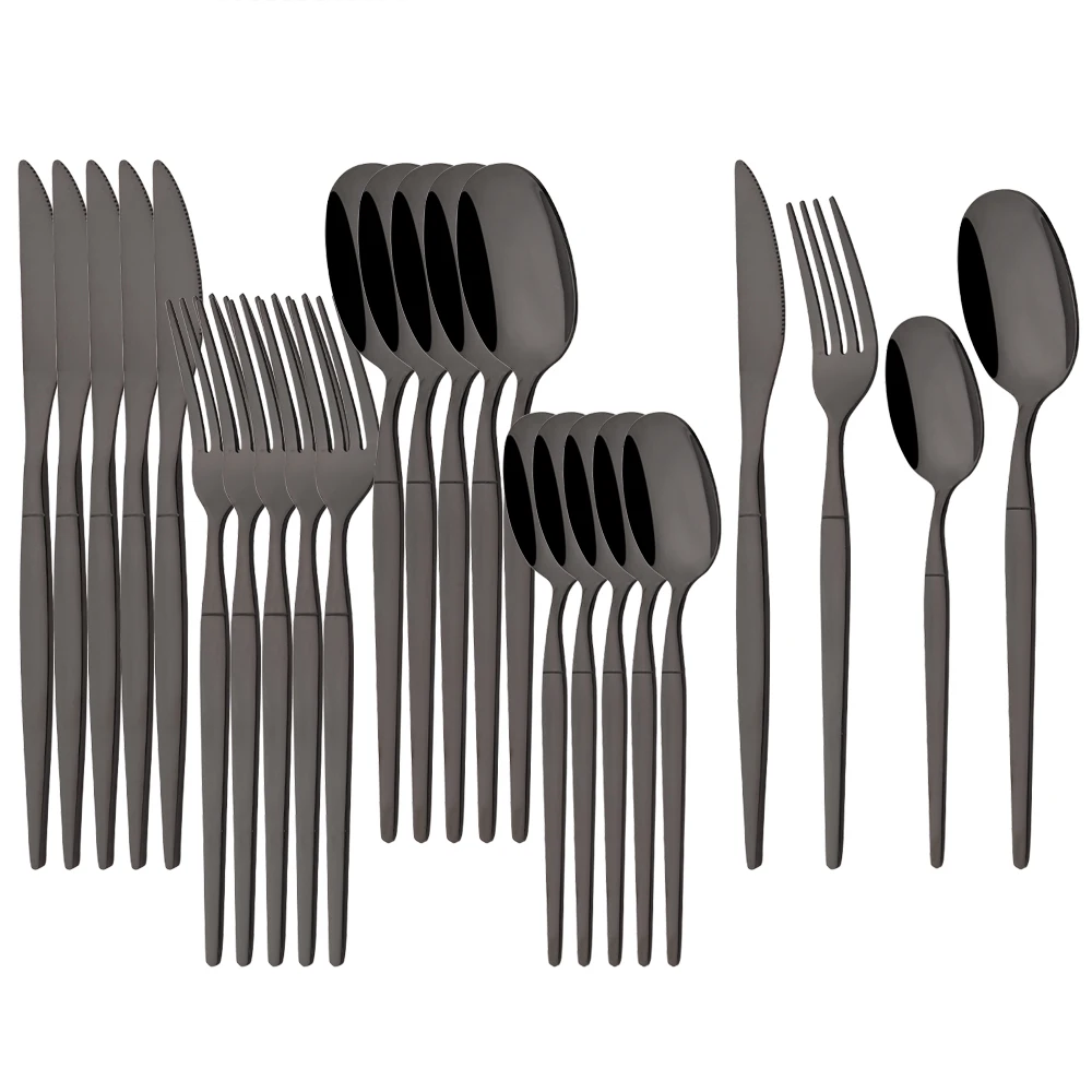 

24Pcs Black Dinnerware Set Stainless Steel Tableware Knife Fork Coffee Spoon Teaspoons Cutlery Set Party Kitchen Flatware