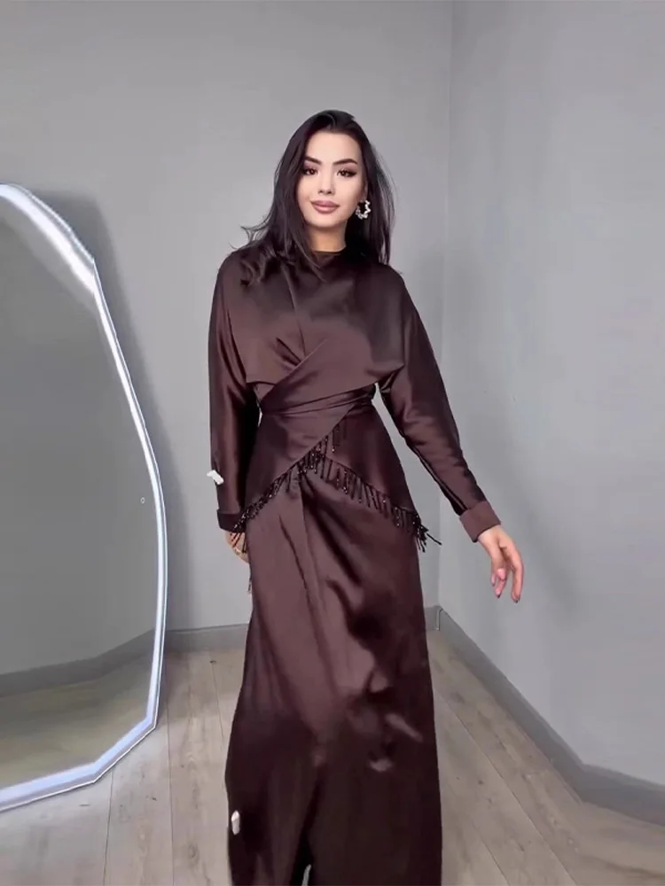 

Elegant Brown Shirt Long Skirt Suit Women Chic Solid Beading Tassel Full Sleeves Slim 2-piece Set Lady New Spring 2026 Outfit