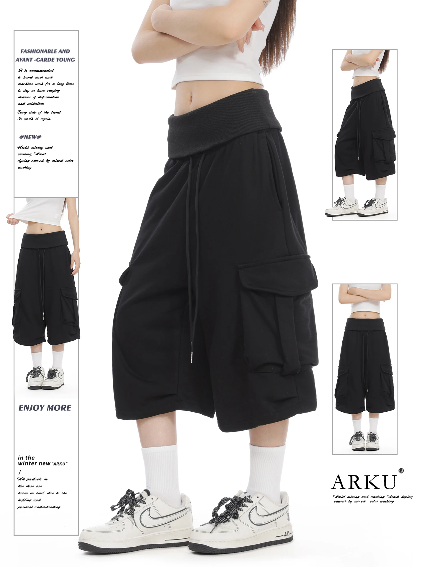 

American Style Casual Workwear Shorts Women Summer Loose Drapey mid Waist Wide Leg Sports Seven Tenths Pants Big Pockets