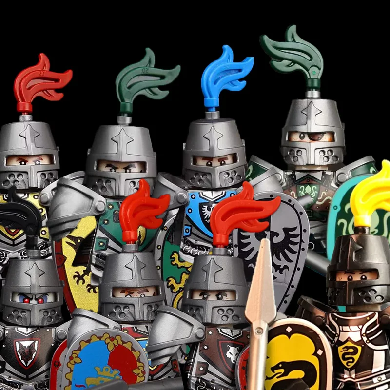Moc medieval cavaleiro castelo figuras blocos de construção arma lobo espadachim guarda arco seta escudo bandeiras cavalo guerra brinquedos presentes s002