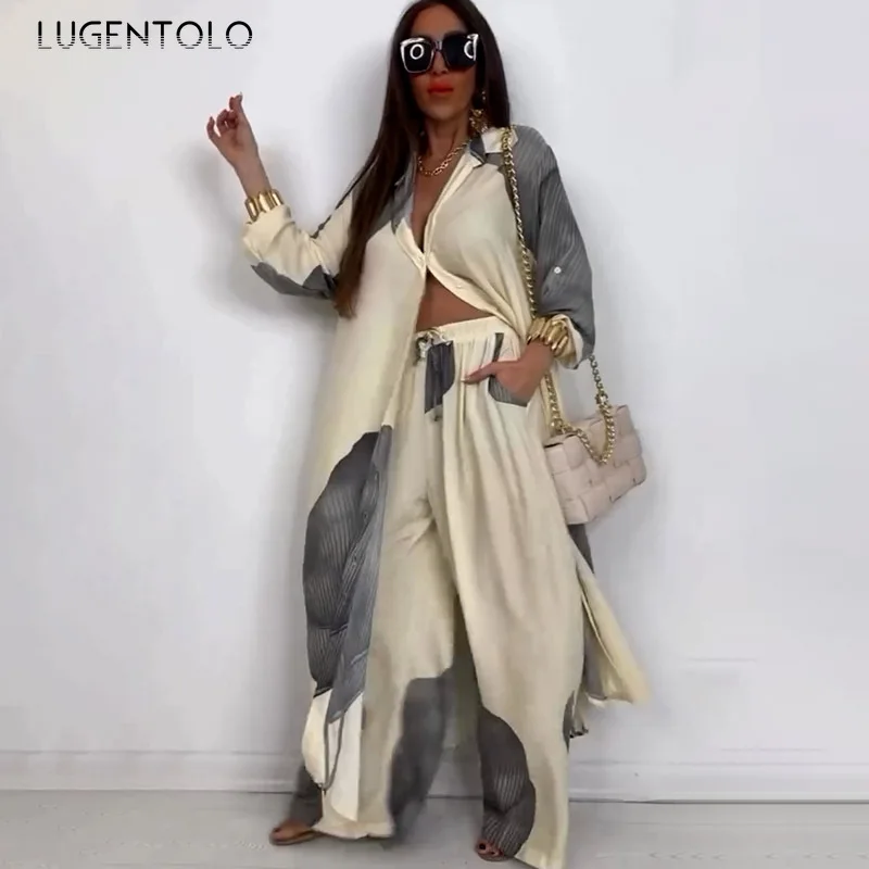 

Women Print Sexy Long Shirt Wide-leg Pants Set Elegant Loose Single-breasted Top Lady Fashion Elastic Waist Casual Trousers Sets