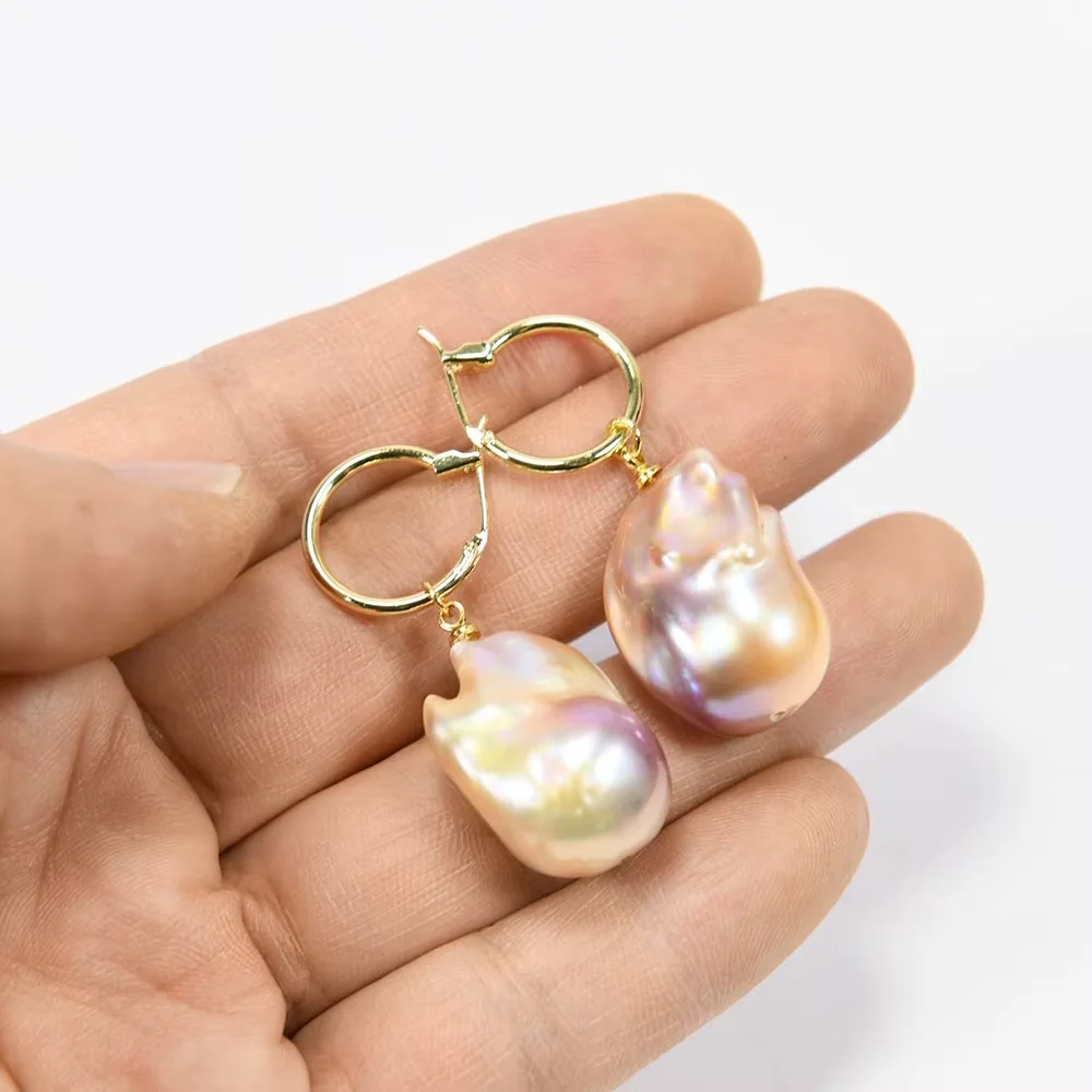 

Natural Pink Purple Keshi Pearl Dangle Earrings 18K Gold Plated Circle Handmade Drop Earrings Lady Jewelry Gift