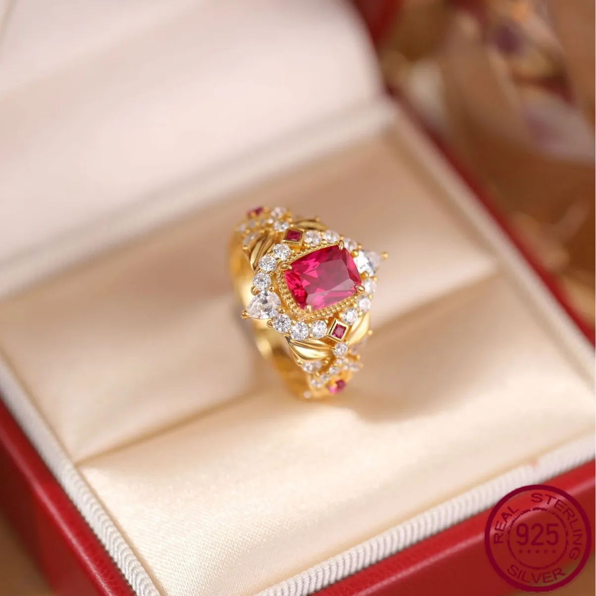 

New popular s925 silver full diamond pigeon blood red 3ct gold version antique heavy industry exquisite ring wedding jewelry
