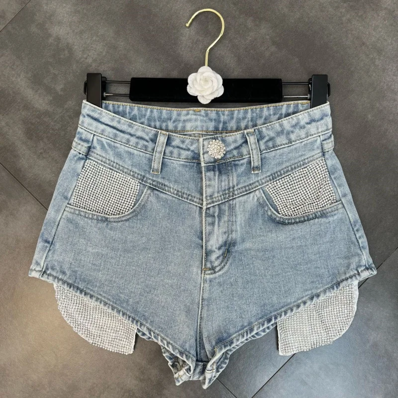 PREPOMP 2023 Summer New Collection Rhinestone Pockets Light Blue Denim Shorts Women Slim Short Jeans GF468