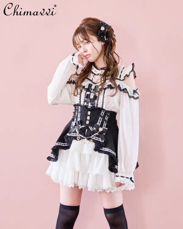 

Japanese Liz Mass-Produced Sweet Lace Cake Skirt Heavy Cute Bowknot Rhinestone Chain Princess Skirt Long Sleeve Lolita Shirt