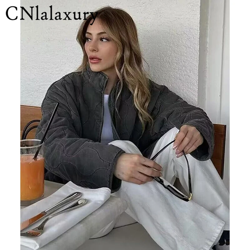 CNlalaxury Vintage Bomber Cotton Jacket For Woman Fashion Zipper Pocket Warm Parka Outwear 2023 Street Long Sleeve Coats Outfits