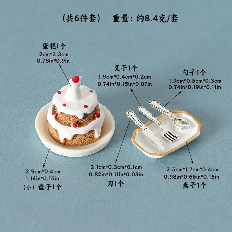 1set Mini Cake with Knife Fork Spoon Tableware Model Dollhouse Miniature Handmade DIY Decorative Doll Accessories Decorations