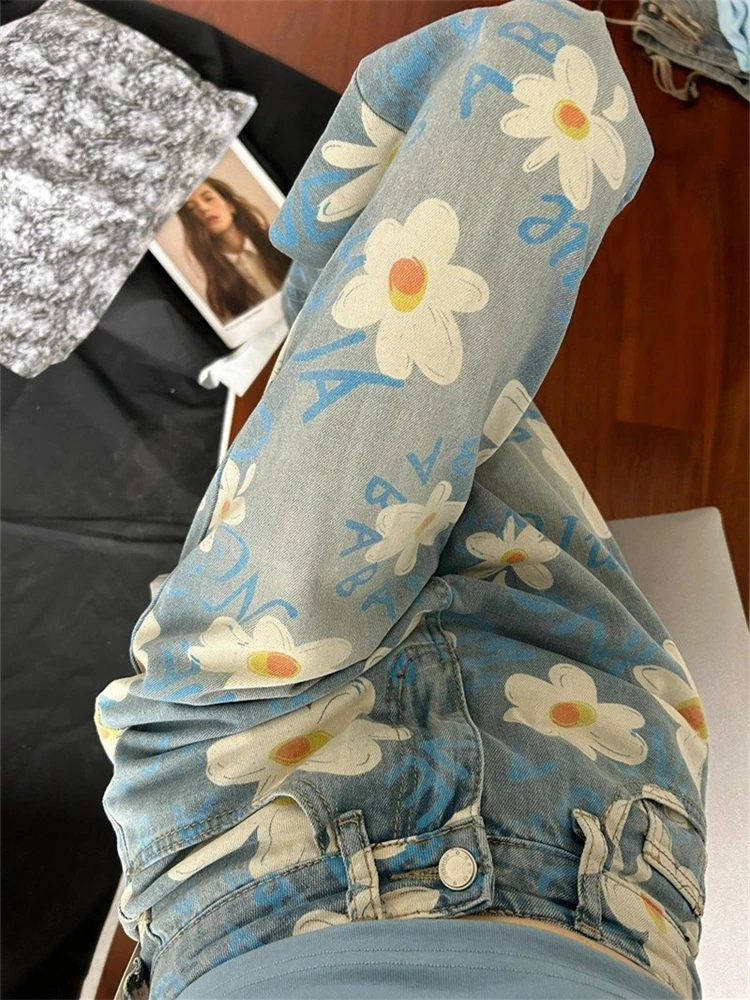 

Women's Daisy Printed High Waisted Jeans Summer Street Cool Girl Bottoms Wide Legs Irregular Pants Female Baggy Denim Trousers